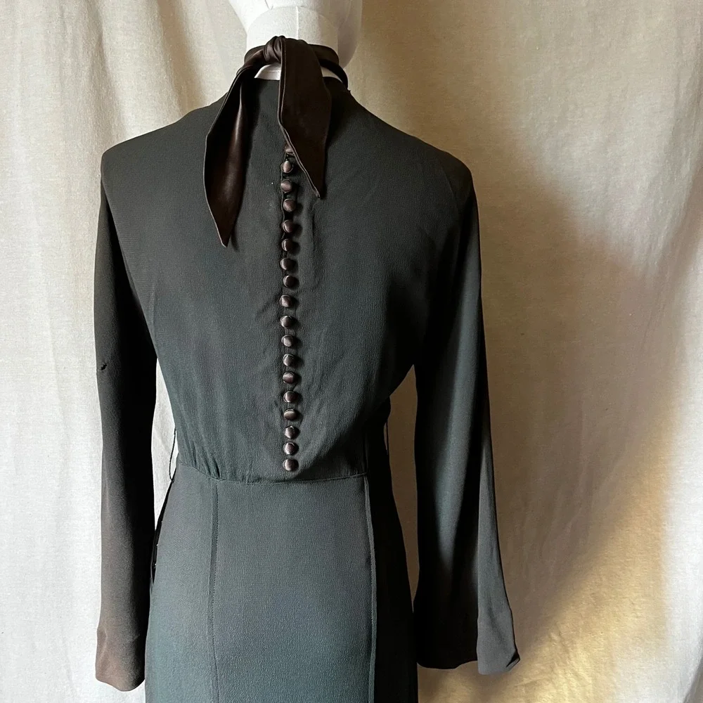 Vintage 1940s Forest Green High Neck Tie Dress Button Back Bell Sleeve XS S